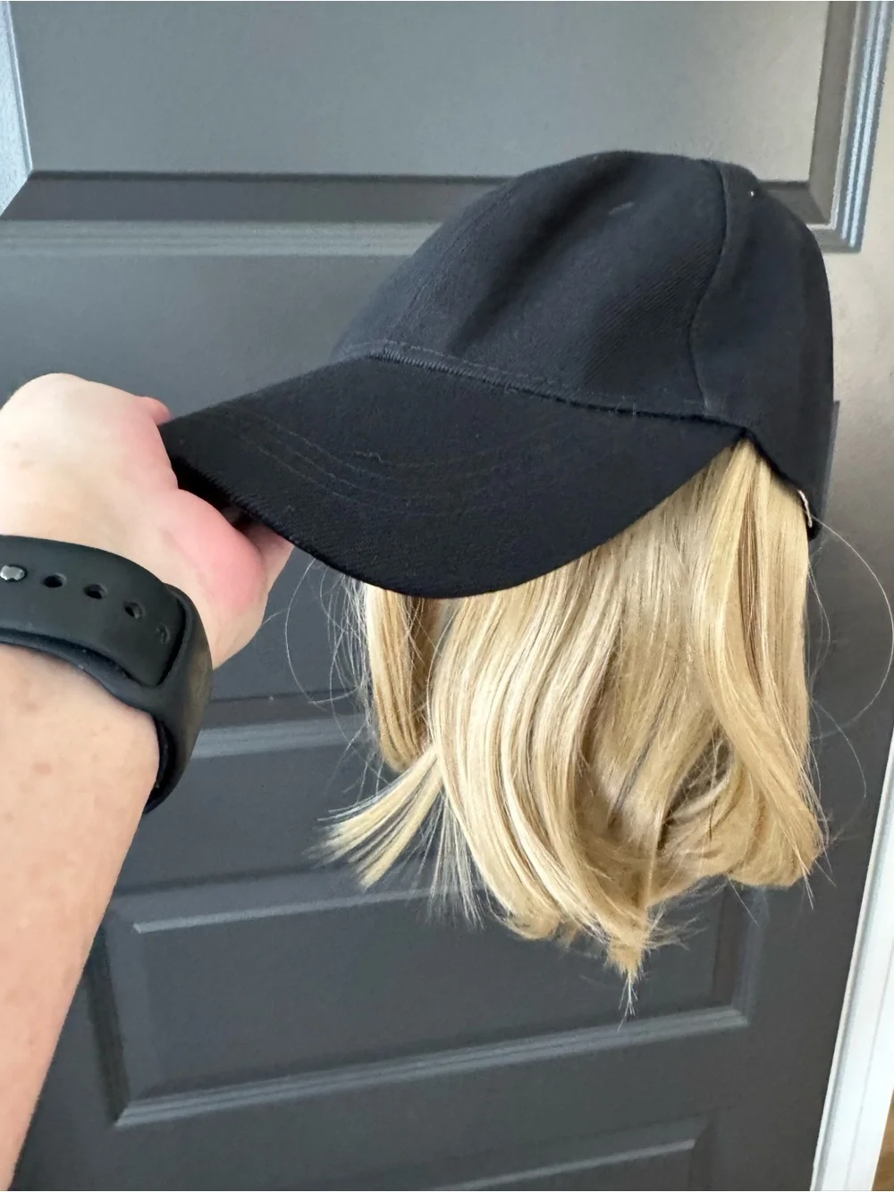 Black Baseball Cap with Blonde Wig Attachment